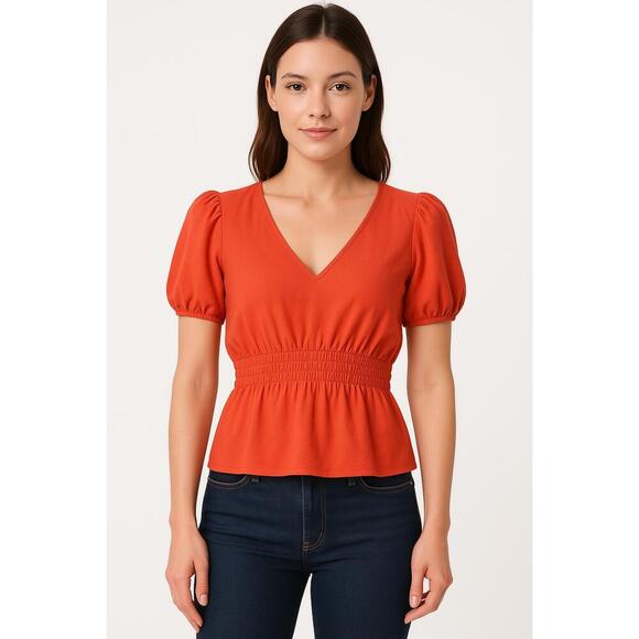 Philosophy Red Orange V Neck Puff Sleeves Ruched Waistband Blouse XS - Picture 1 of 6